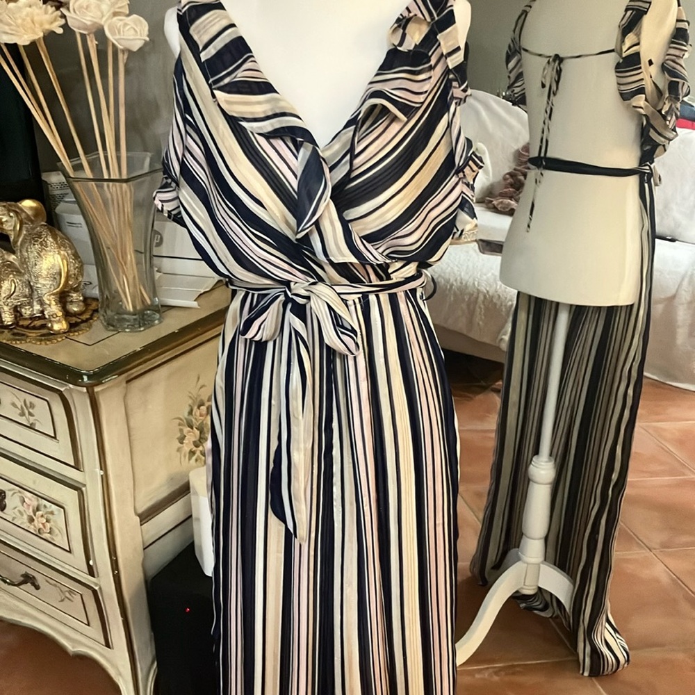 Striped V-Neck Ruffle Jumpsuit